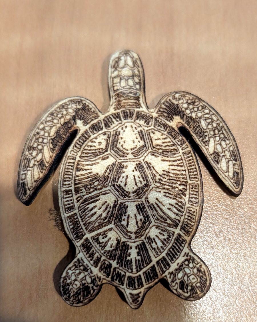 Handmade wooden turtle magnet resting on warm paper with a soft natural shadow