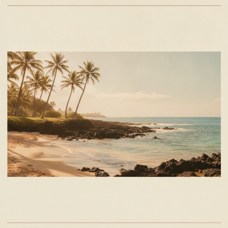 Natural-light view of a quiet Maui shoreline with palms and lava rock