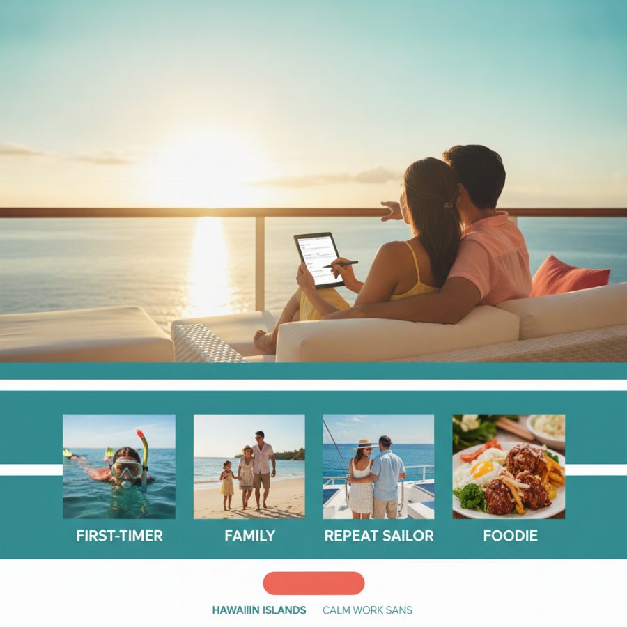 A couple sitting on a lanai overlooking the ocean at sunset, filling out a form on a tablet, warm golden light