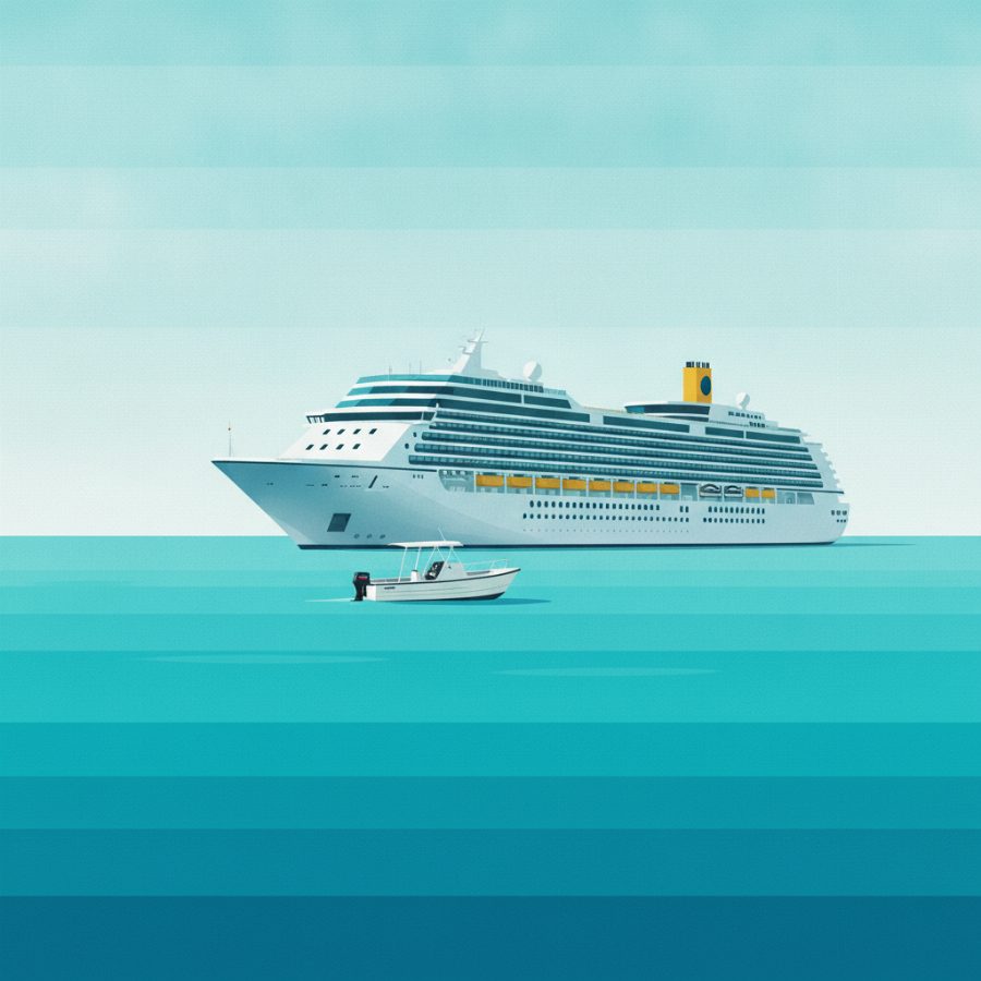 A small tender boat approaching a cruise ship anchored offshore in Kona, bright turquoise water, morning sun