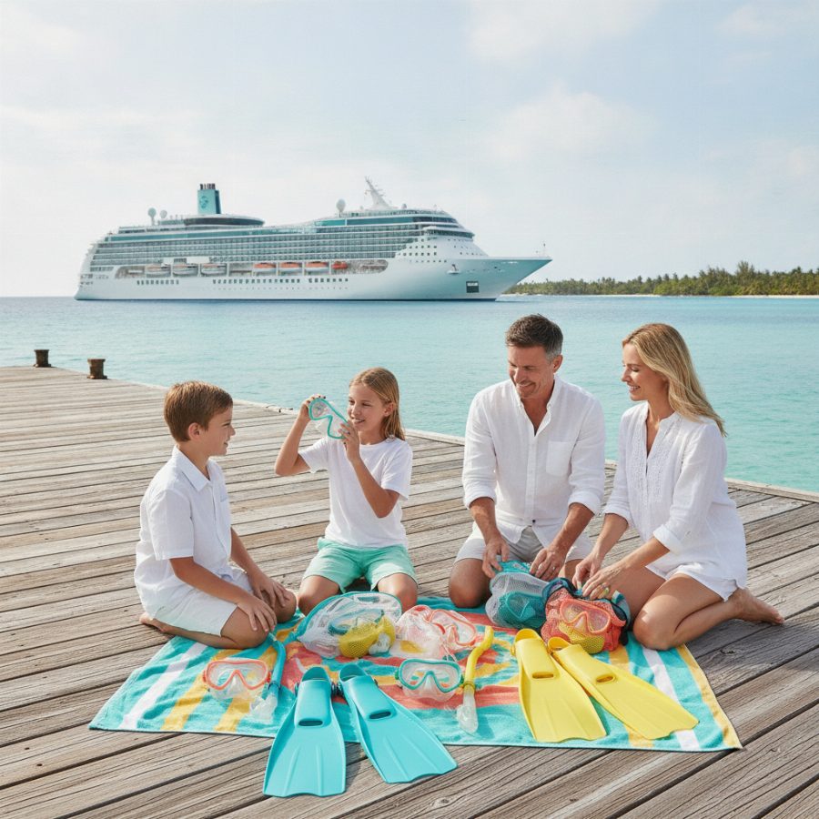A family of four on a pier sorting snorkel masks and fins, cruise ship visible in the background, midday light