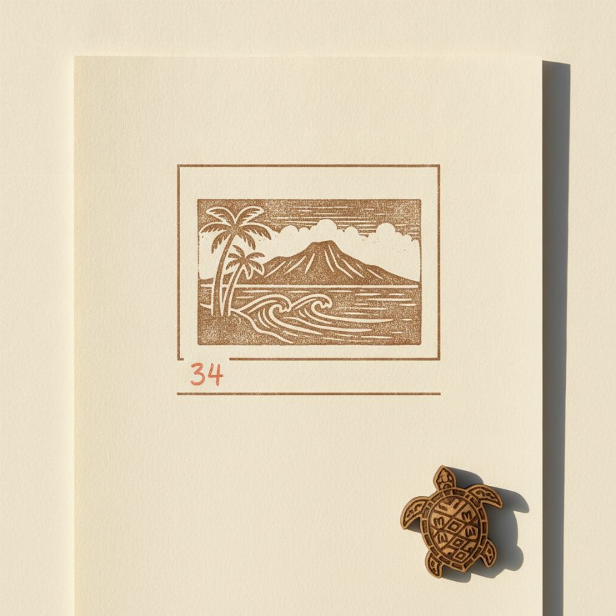 Small block print of a Maui shoreline framed by hairline rules