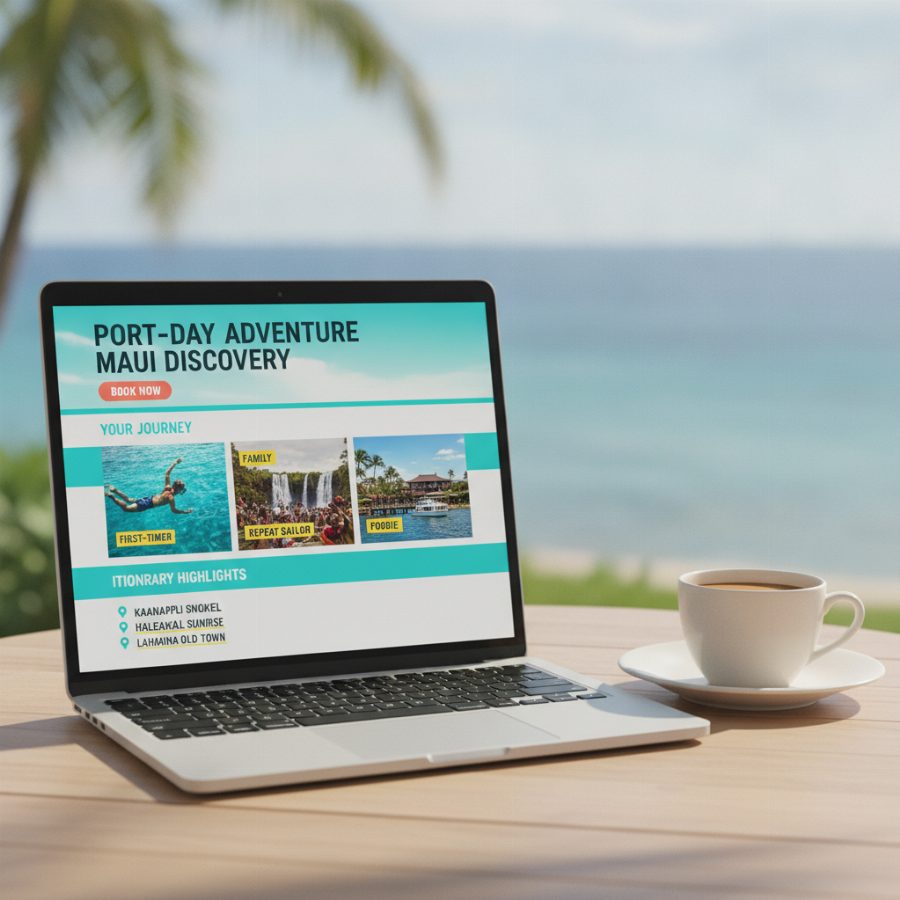 Laptop screen glimpsed on a lanai table showing a bright port-day itinerary with turquoise map pins, coffee cup beside it